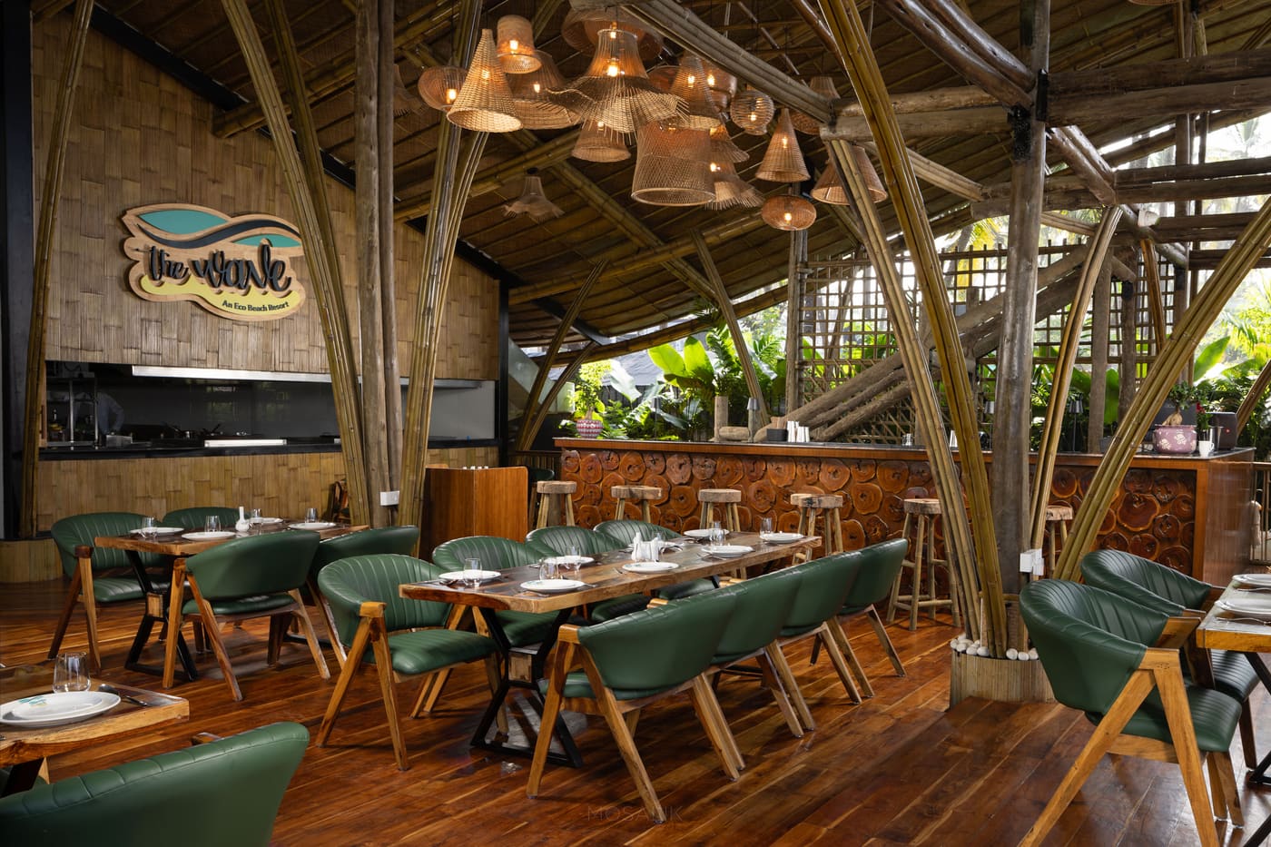 The bamboo dining room set for an intimate evening service